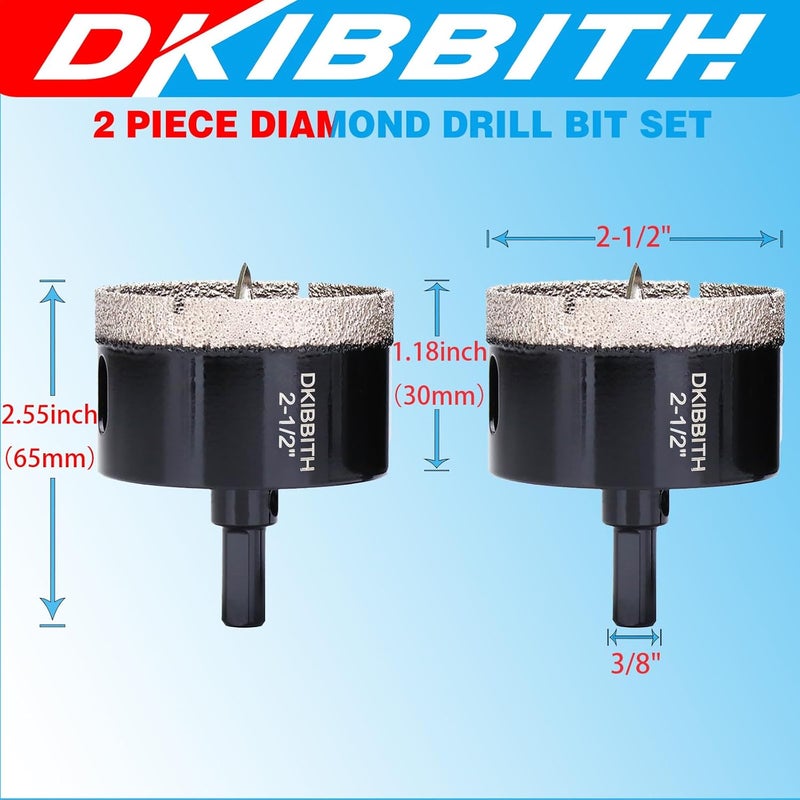 DKIBBITH 2-1/2" Diamond Hole-Saw With Pilot Drill Bit - 2.5" Diamond Tipped Tile Hole Saws for Accurate Drilling in Porcelain, Ceramic, Pottery, Granite, Stone, Glass Bottles 65mm - Image 2